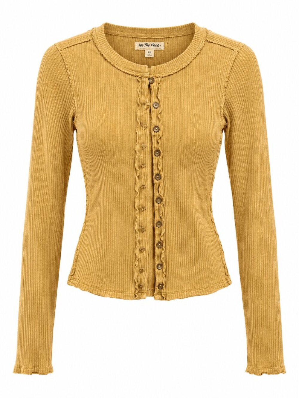 We The Free Mustard Yellow Ruffle Button-Front Ribbed Top / Cardigan | XSMALL